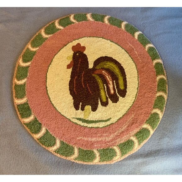 Buttermold Rooster Hooked Rug Chair Pad 15 inch Vintage - Picture 9 of 9